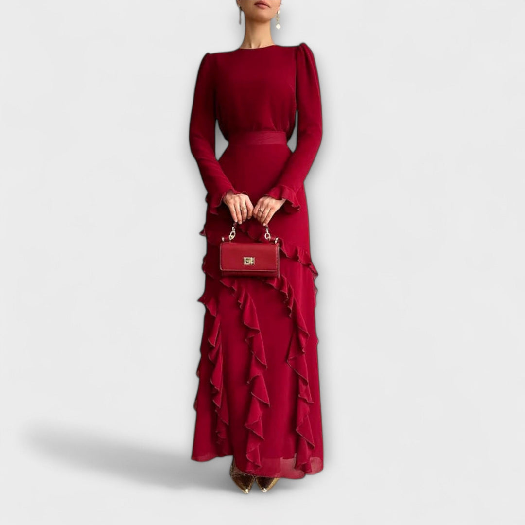 Fallon - Vestido Largo Ajustado con Volantes Tridimensionales