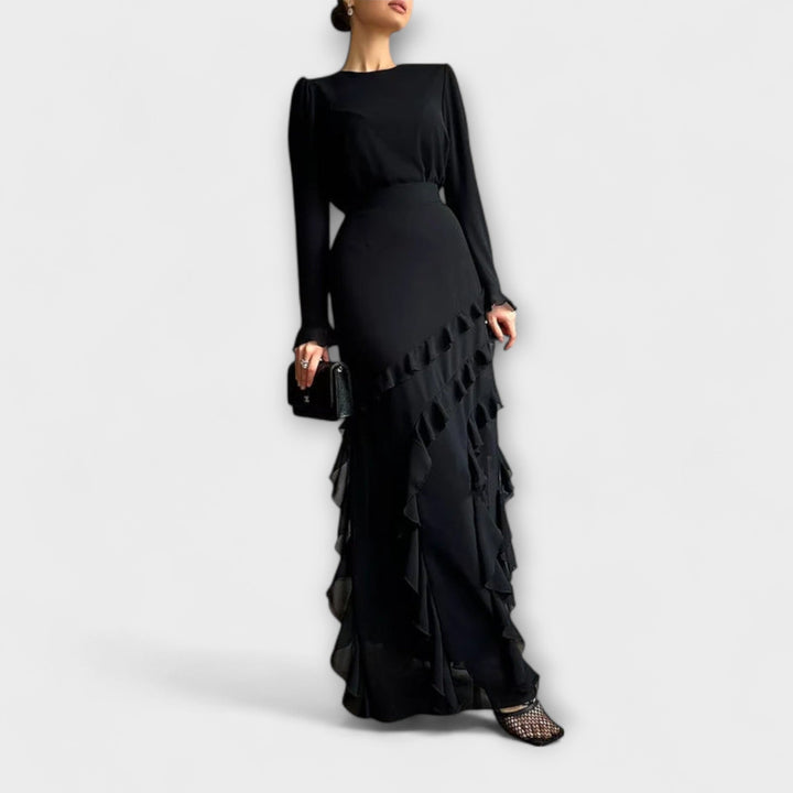 Fallon - Vestido Largo Ajustado con Volantes Tridimensionales
