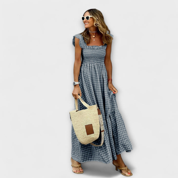 Vestido Maxi a Cuadros con Mangas Voladas