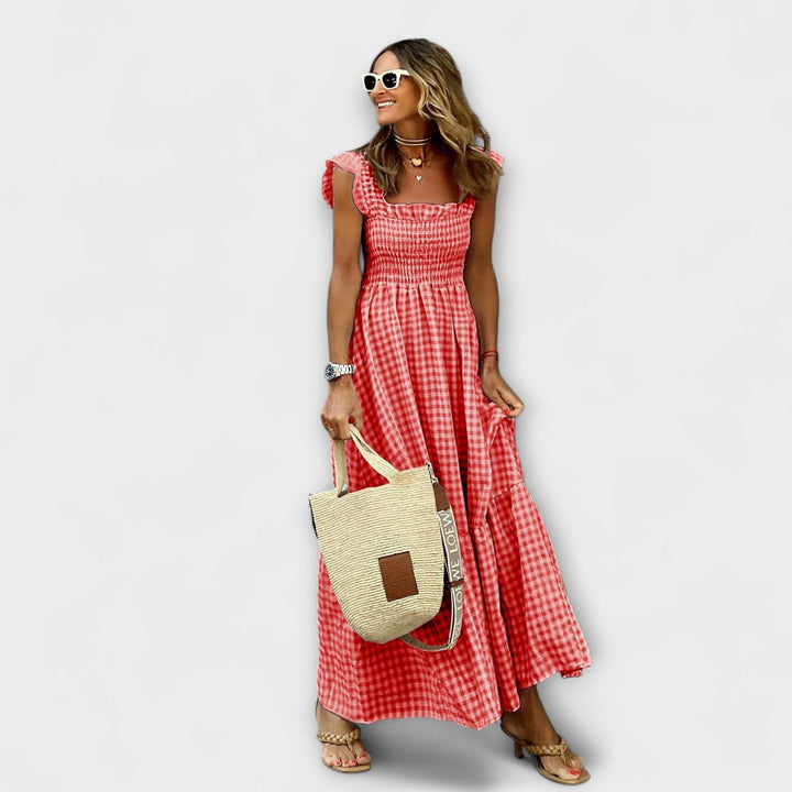 Vestido Maxi a Cuadros con Mangas Voladas