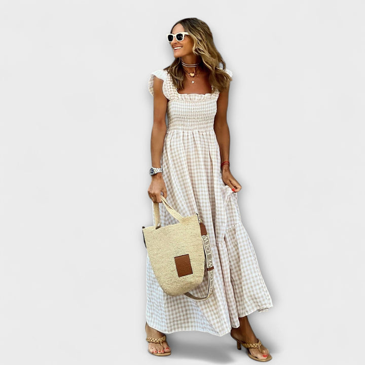 Vestido Maxi a Cuadros con Mangas Voladas