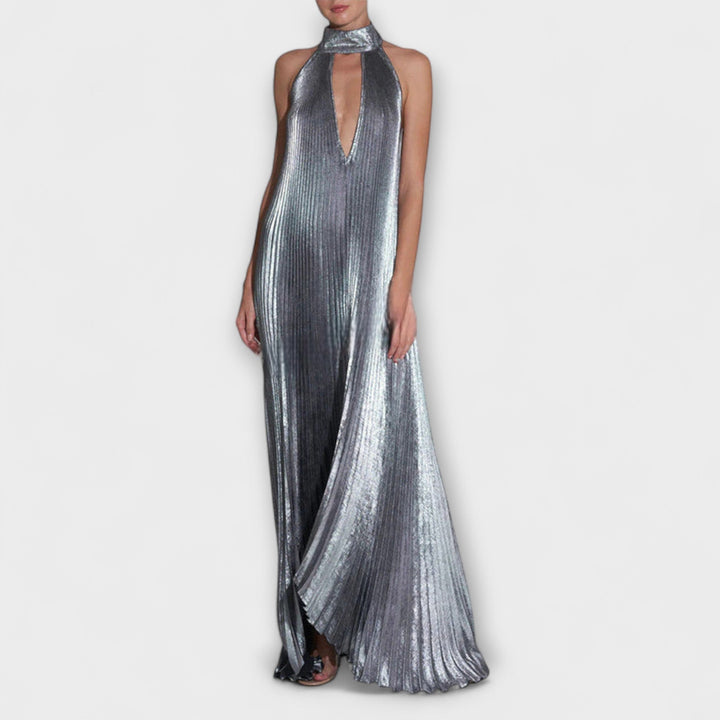 Calliope - Vestido Maxi A-Line Plisado Metálico