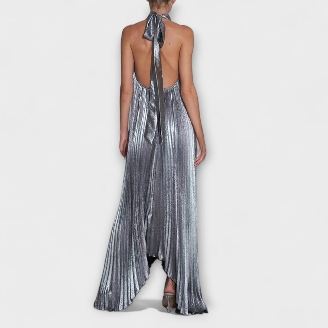 Calliope - Vestido Maxi A-Line Plisado Metálico