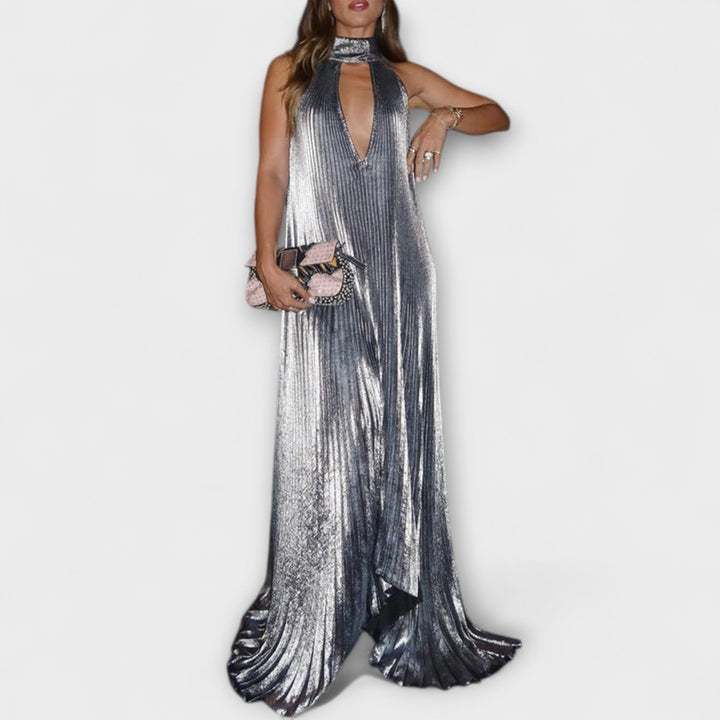 Calliope - Vestido Maxi A-Line Plisado Metálico