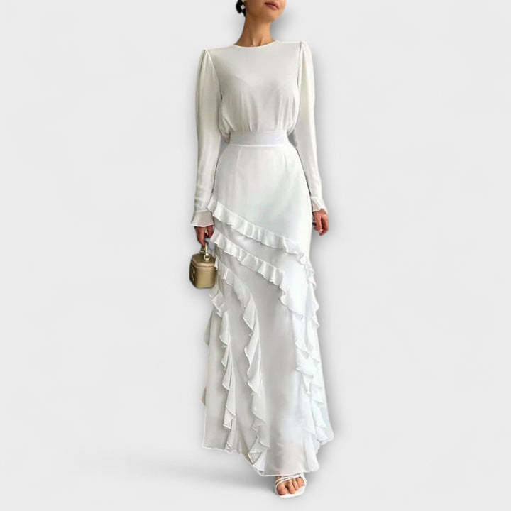 Fallon - Vestido Largo Ajustado con Volantes Tridimensionales