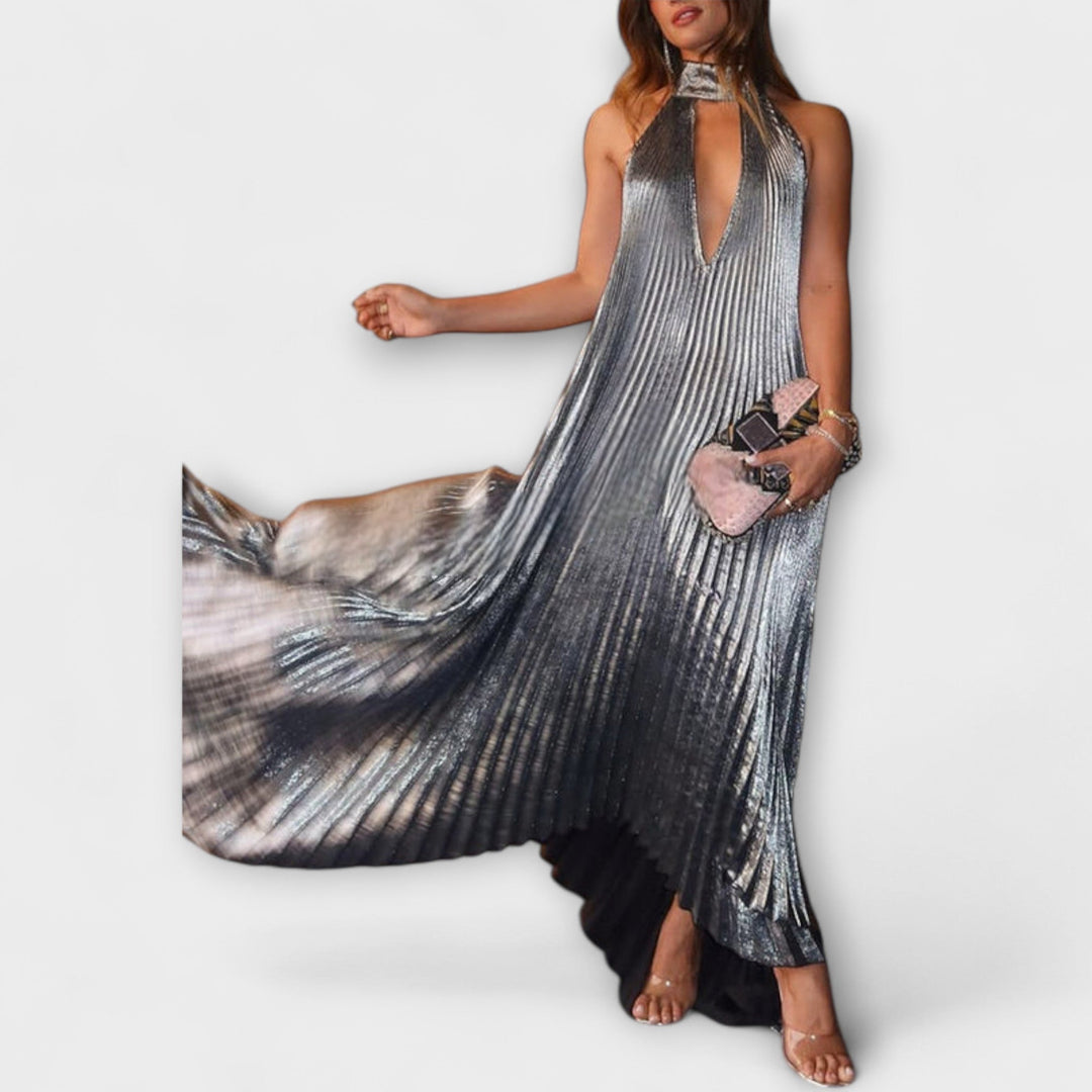 Calliope - Vestido Maxi A-Line Plisado Metálico