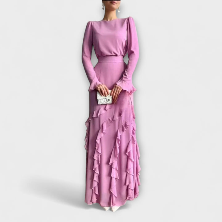 Fallon - Vestido Largo Ajustado con Volantes Tridimensionales