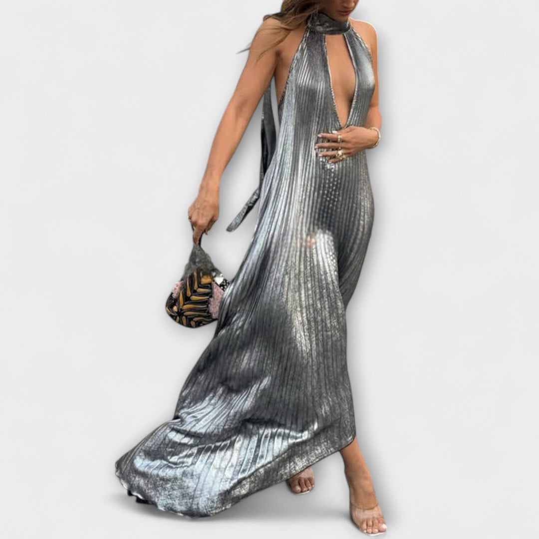 Calliope - Vestido Maxi A-Line Plisado Metálico